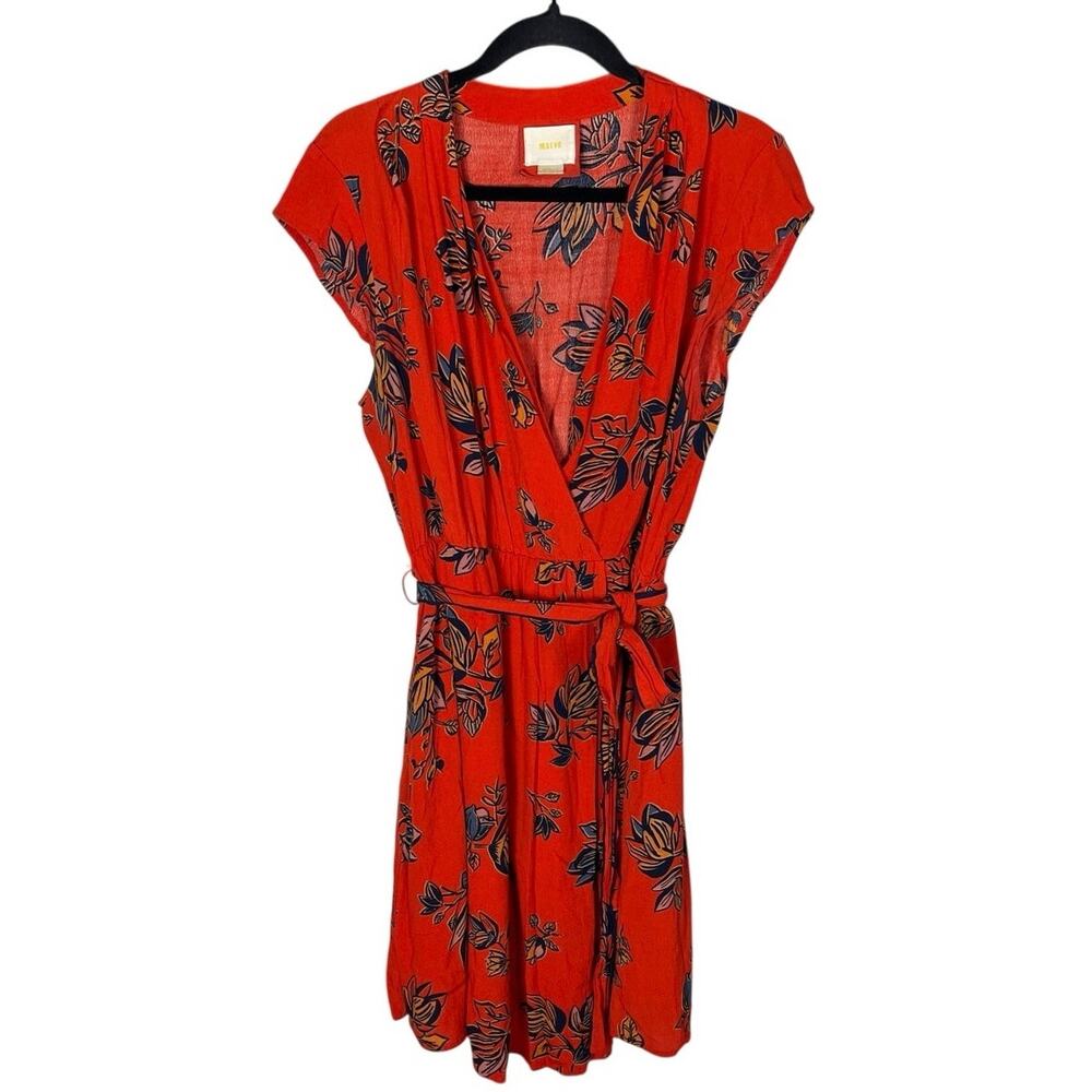 Maeve Anthropologie Red Floral Wrap Dress Tie Waist Short Sleeve Knee Length